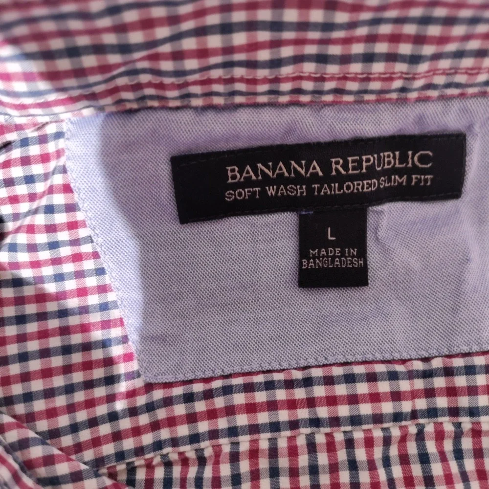 Banana Republic Mens Tailored Slim Fit Soft Wash Checkered Shirt Red Blue Sz L